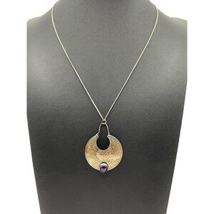 Hammered Sterling Silver 925 Amethyst Cabochon Pendant Necklace Italy‎ Vintage